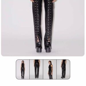 Black Lace-Up Vegan Leather Pants - Women's